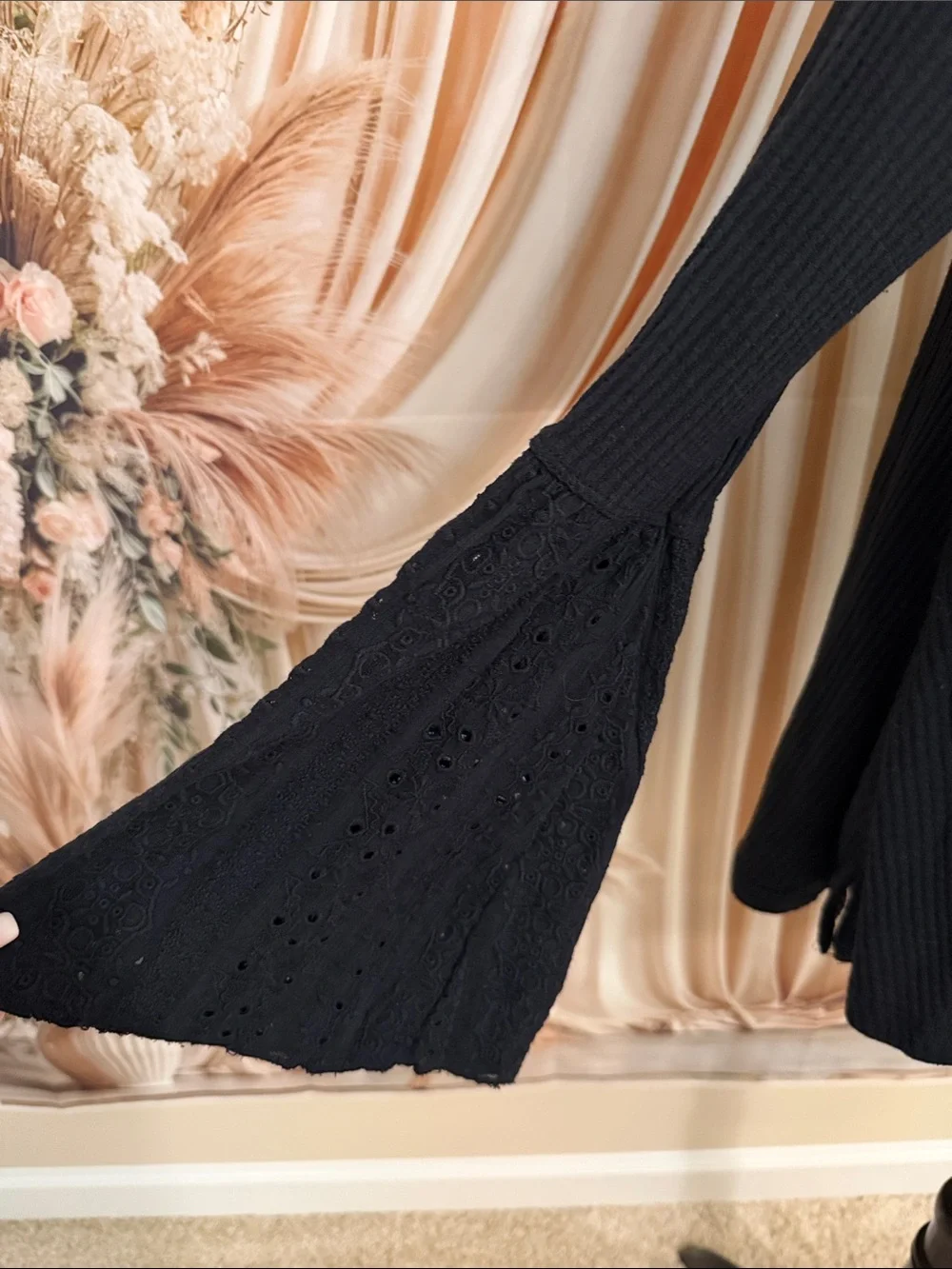 Free People Navy Blue Ribbed V-Neck Long Sleeve Top with Lace Insets